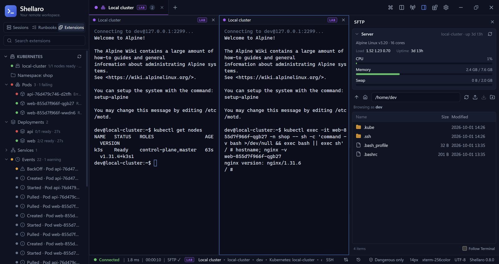 The Kubernetes extension listing pods, deployments and events beside two terminals